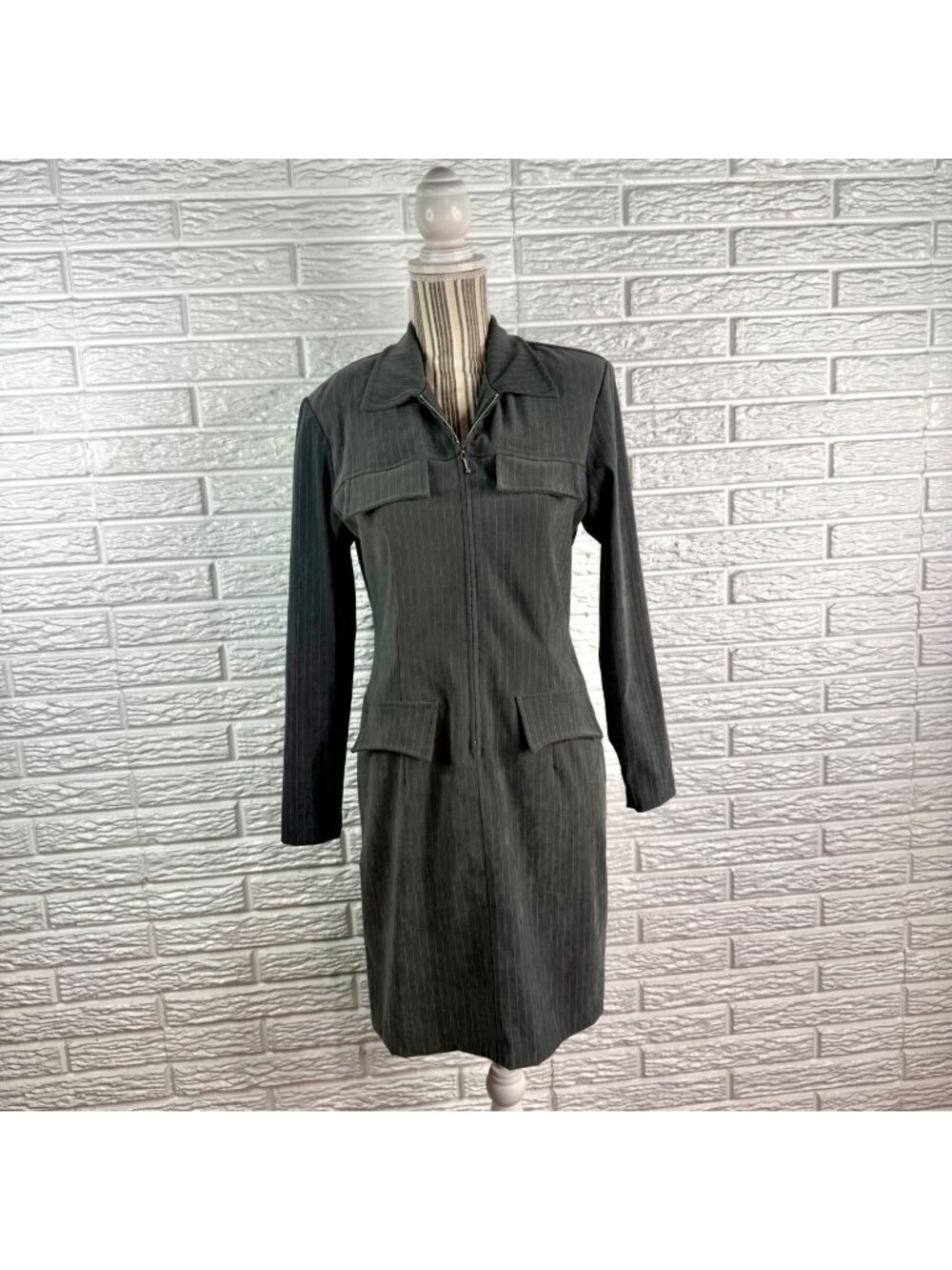 Vintage 90s Scarlett Charcoal Grey Pinstripe Collared Dress Zipper Front Sz 5/6